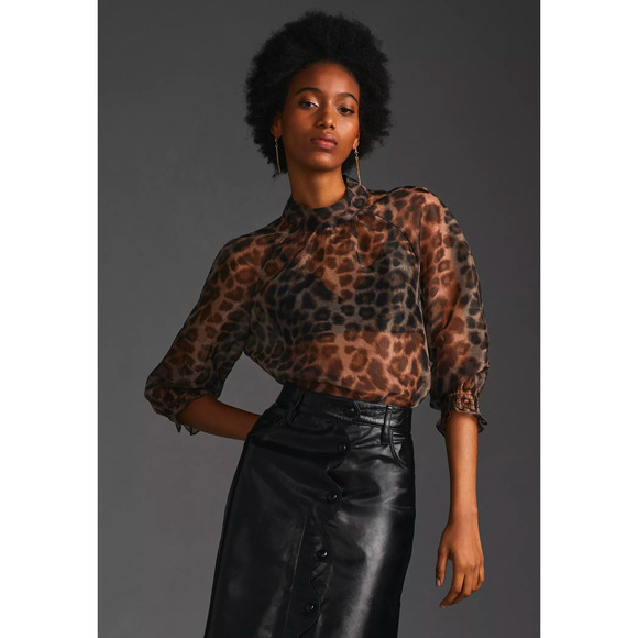 NWT Anthropologie Daniel Rainn Sheer Animal Print Long Sleeve Blouse, size S P - Picture 1 of 6